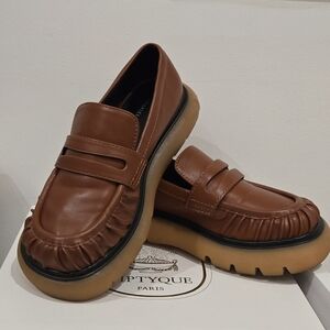 Charles & Keith Brown Leather Penny Loafers with Chunky Tan Sole